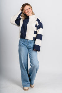 Color block sweater navy/ivory - Trendy Sweaters | Cute Pullover Sweaters at Lush Fashion Lounge Boutique in Oklahoma City