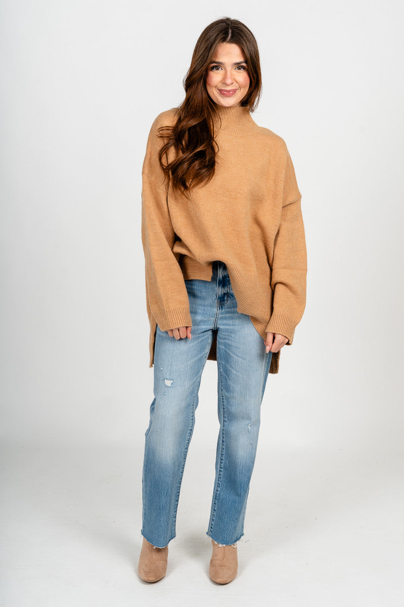 Mock neck oversized sweater camel - Trendy Sweaters | Cute Pullover Sweaters at Lush Fashion Lounge Boutique in Oklahoma City