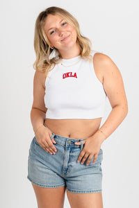 OU OU OKLA ribbed micro tank top white tank top | Lush Fashion Lounge Trendy Oklahoma University Sooners Apparel & Cute Gameday T-Shirts