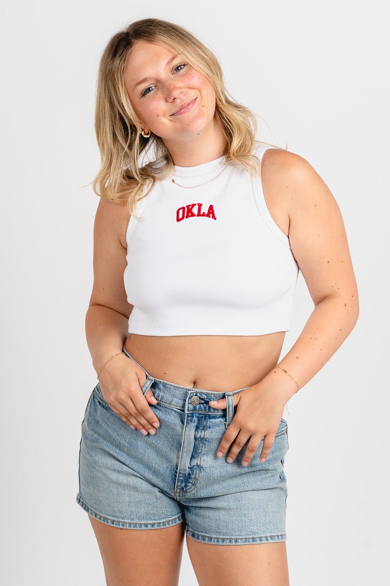 OU OU OKLA ribbed micro tank top white tank top | Lush Fashion Lounge Trendy Oklahoma University Sooners Apparel & Cute Gameday T-Shirts