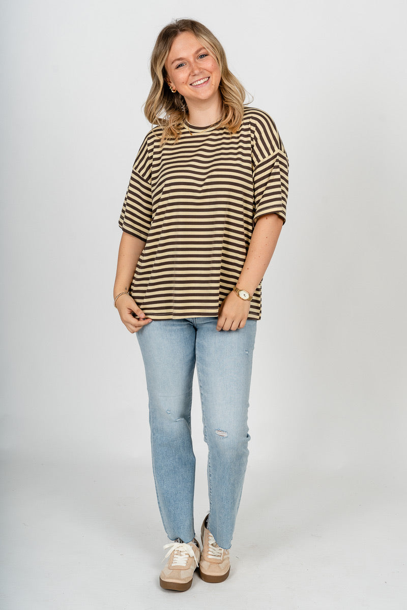 Striped short sleeve top butter/charcoal