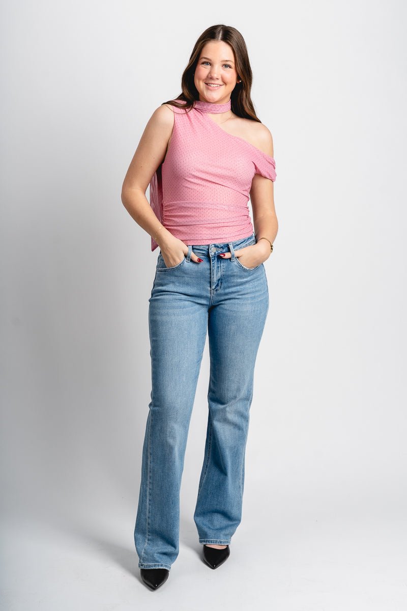 Asymmetrical polka dot mesh top light pink - Cute Valentine's Day Outfits at Lush Fashion Lounge Boutique in Oklahoma City