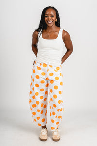 Polka dot barrel jeans white/orange | Lush Fashion Lounge: boutique women's jeans, fashion jeans for women, affordable fashion jeans, cute boutique jeans