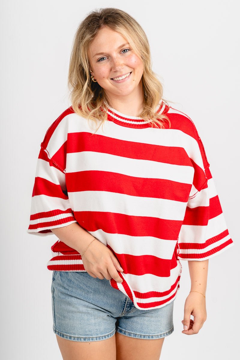 Striped short sleeve oversized sweater red/white