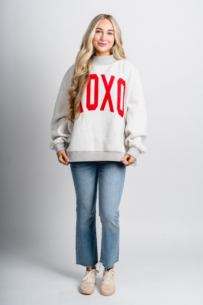 XOXO mock neck sweatshirt grey - Cute Valentine's Day Outfits at Lush Fashion Lounge Boutique in Oklahoma City