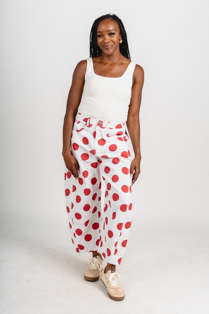 Polka dot barrel jeans white/red | Lush Fashion Lounge: boutique women's jeans, fashion jeans for women, affordable fashion jeans, cute boutique jeans