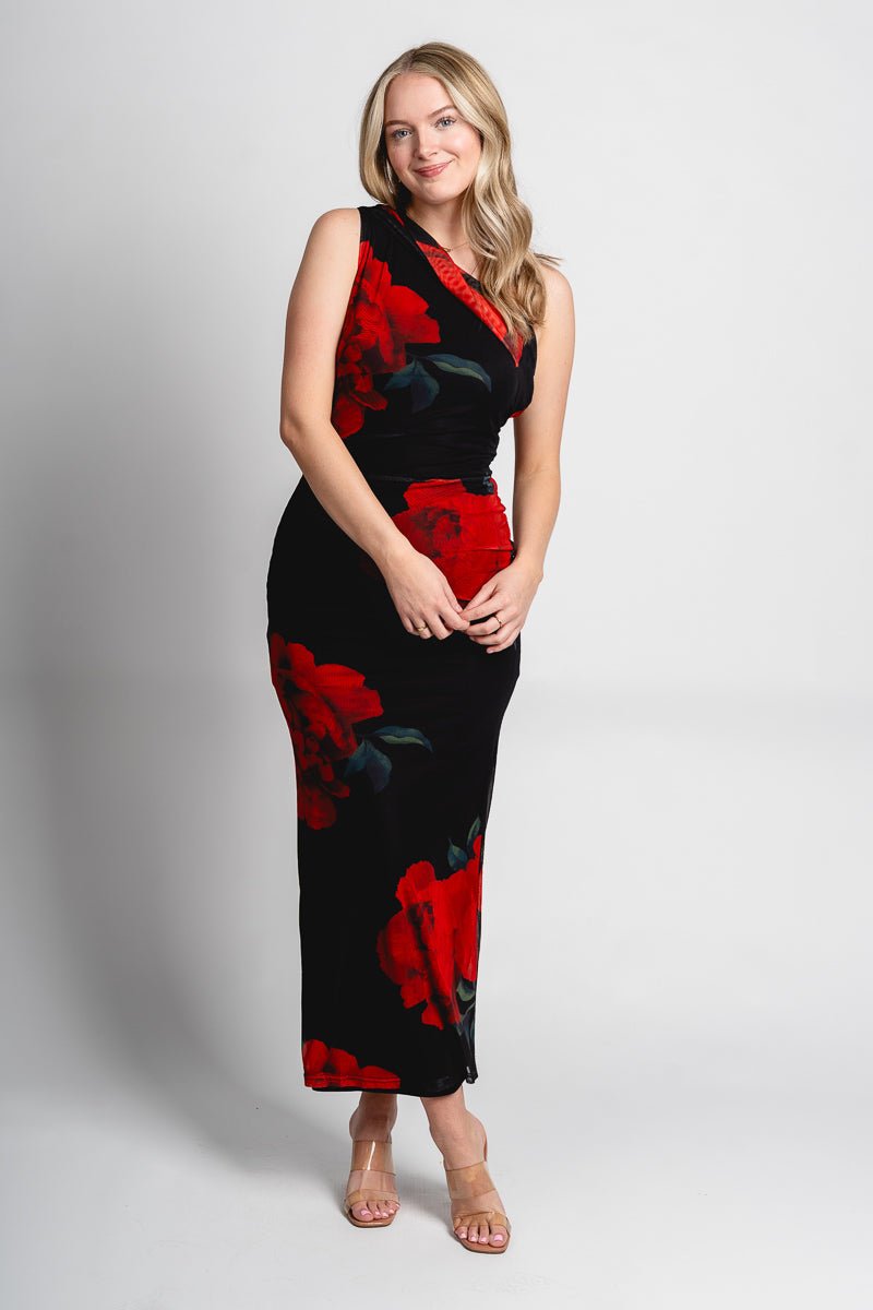 One shoulder mesh maxi dress black floral - Trendy T-Shirts for Valentine's Day at Lush Fashion Lounge Boutique in Oklahoma City