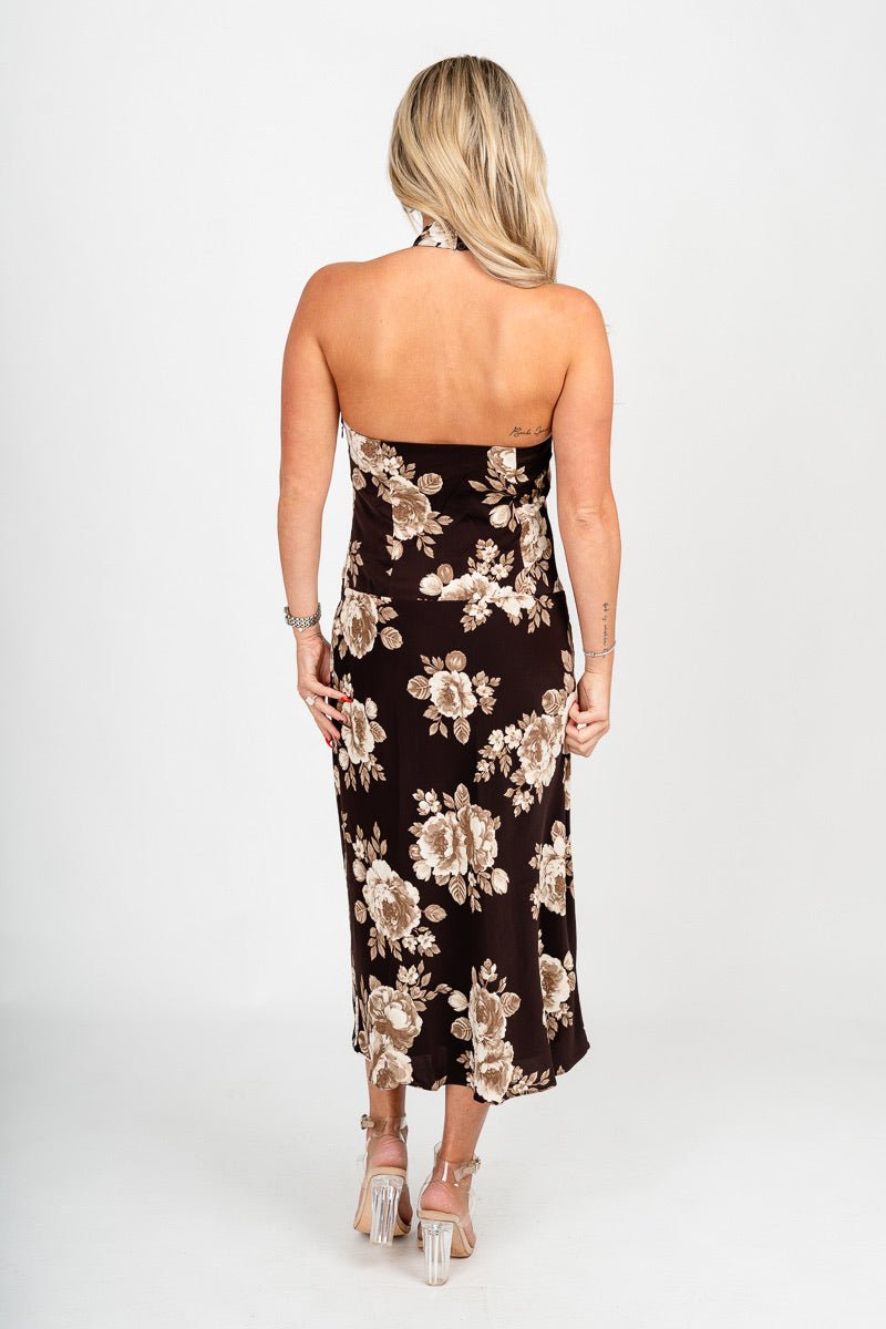 Floral halter midi dress brown