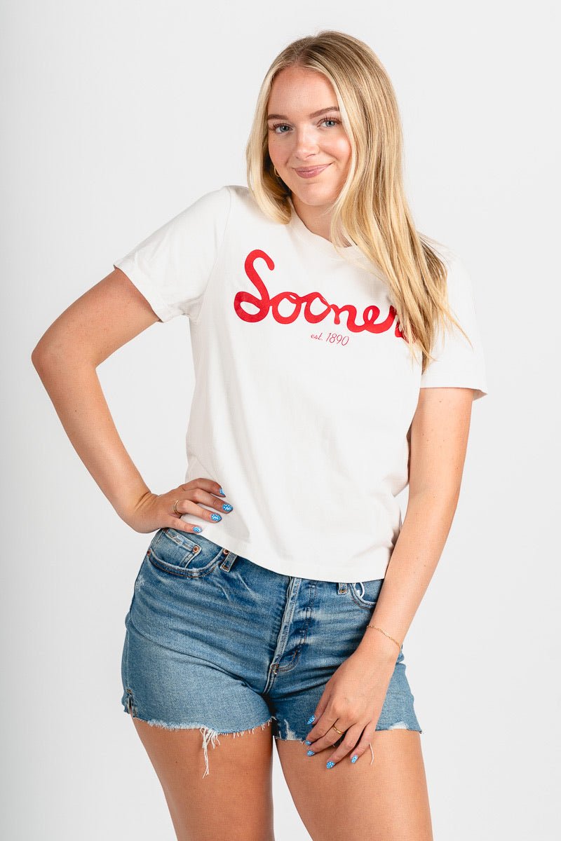 OU OU Sooners bold script Ellie tee vintage white T-shirt | Lush Fashion Lounge Trendy Oklahoma University Sooners Apparel & Cute Gameday T-Shirts