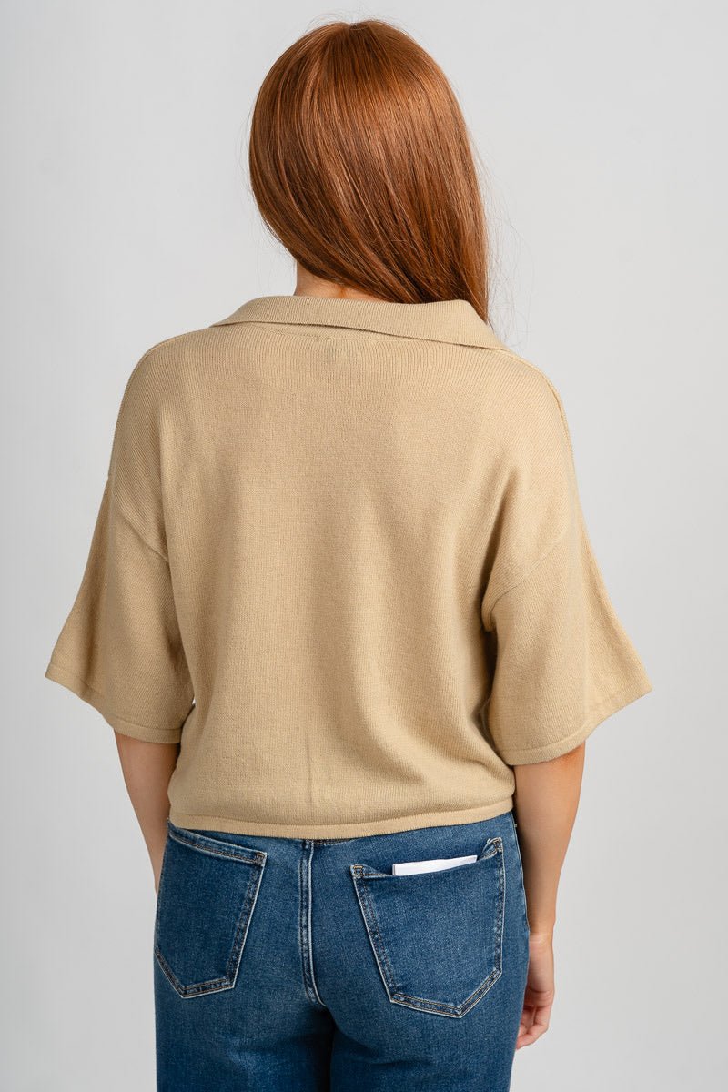 Collared short sleeve crop sweater butter