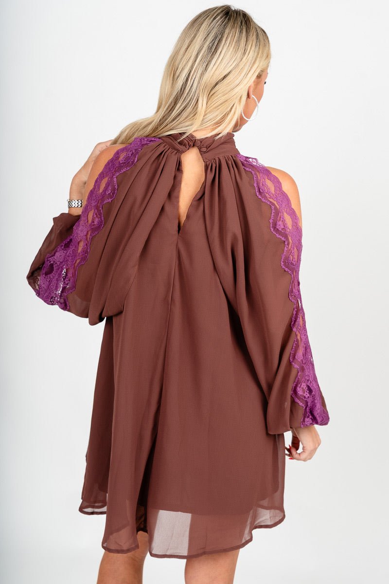 High neck chiffon lace mini dress brown