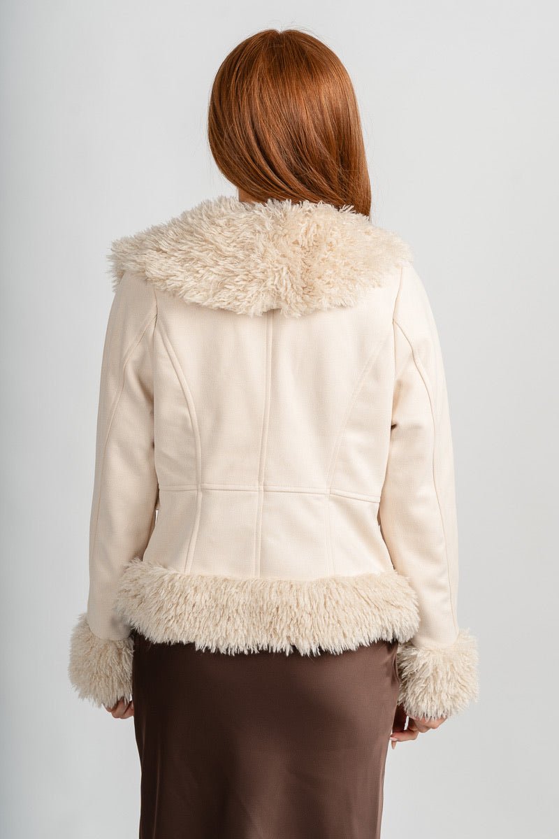 Fur trim suede jacket beige