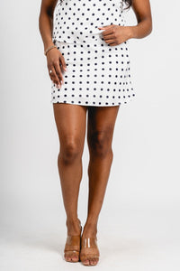 Satin polka dot mini skirt white | Lush Fashion Lounge: boutique fashion skirts, affordable boutique skirts, cute affordable skirts