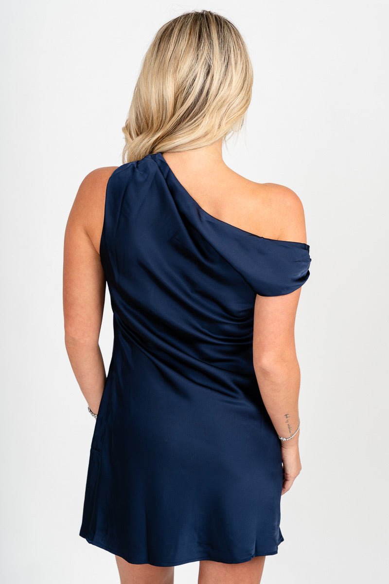 Cowl neck satin mini dress navy