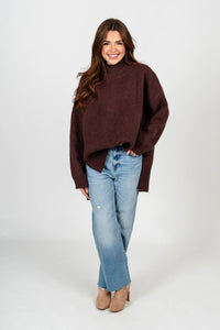 Mock neck oversized sweater chocolate - Trendy Sweaters | Cute Pullover Sweaters at Lush Fashion Lounge Boutique in Oklahoma City