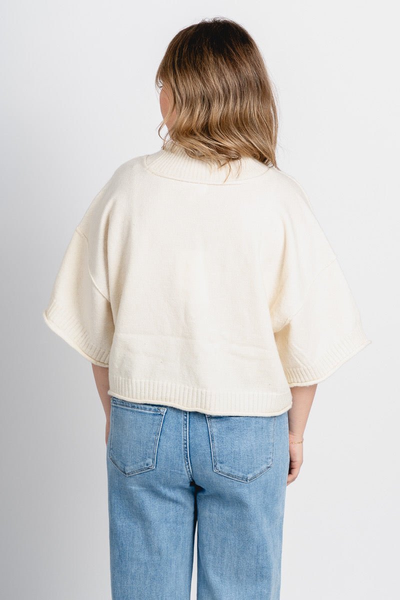 Mock neck short sleeve crop sweater ivory