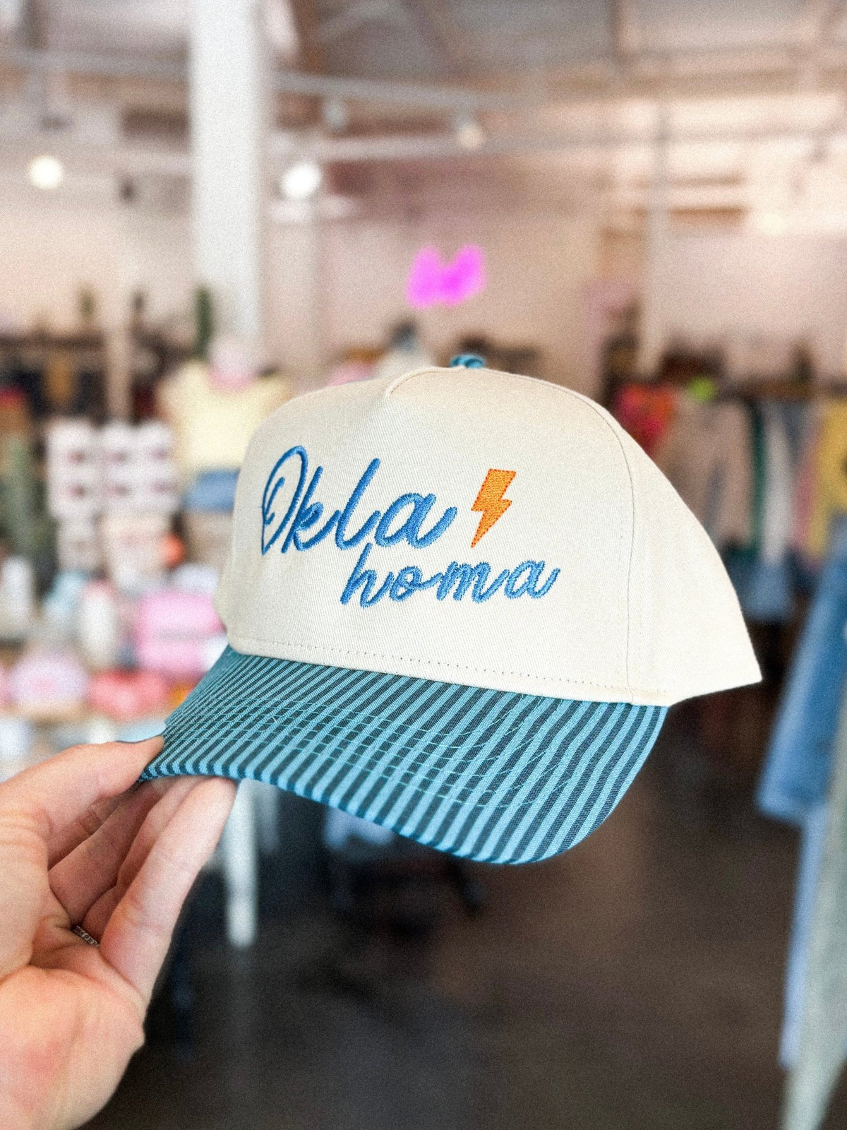 Oklahoma bolt pin stripe hat teal pin stripe/cream - Trendy OKC Apparel at Lush Fashion Lounge Boutique in Oklahoma City