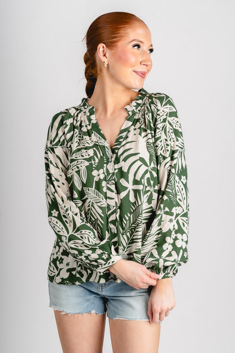 Tropical ruffle neck blouse Ibiza palm - Trendy top - Cute Vacation Collection at Lush Fashion Lounge Boutique in Oklahoma City