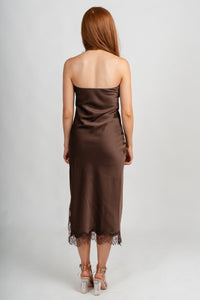 Strapless lace trim midi dress dark chocolate Stylish dress - Womens Fashion Dresses at Lush Fashion Lounge Boutique in Oklahoma City
