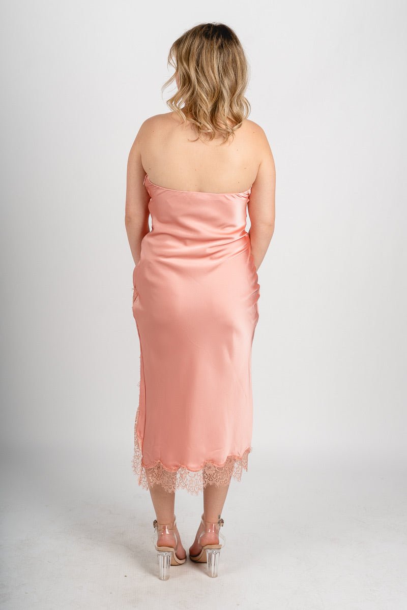 Strapless satin lace trim midi dress Apricot Apricot / Large
