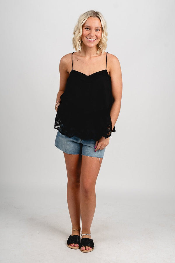 Lace trim flare tank top black | Trendy Tank Tops - Lush Fashion