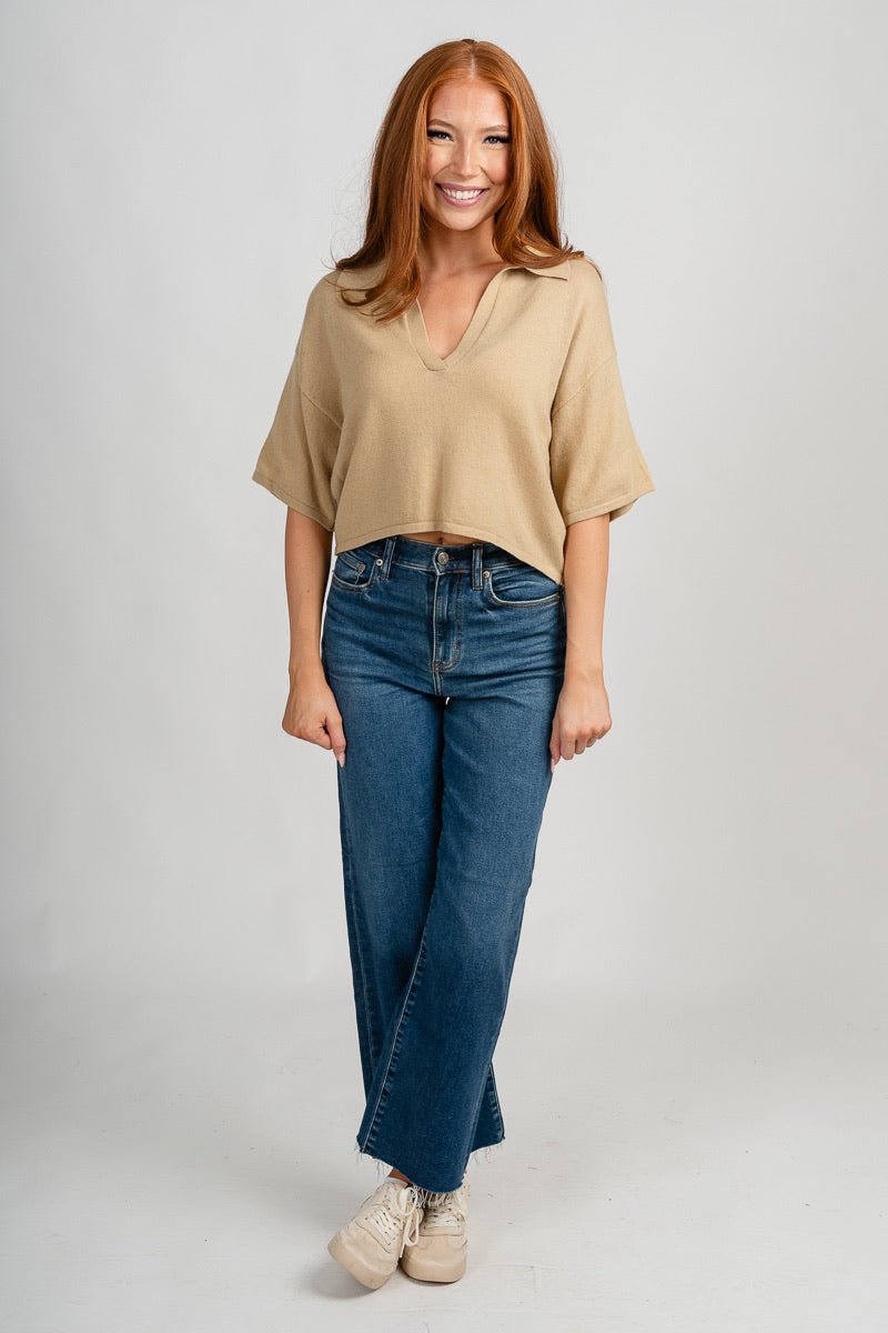 Collared short sleeve crop sweater butter