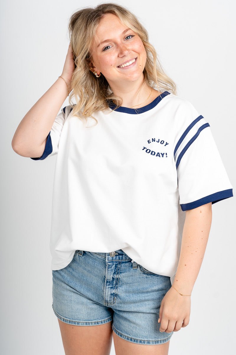 Enjoy today ringer tee off white/blue