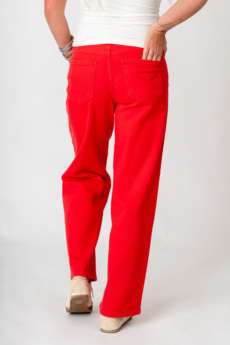OU Just USA high rise vintage straight jeans red jeans | Lush Fashion Lounge Trendy Oklahoma University Sooners Apparel & Cute Gameday T-Shirts