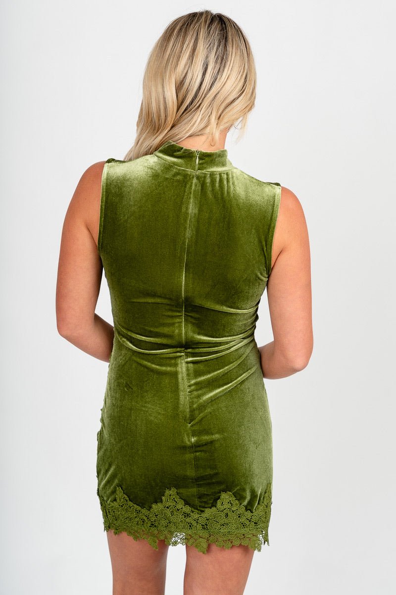 Velvet mock neck mini dress moss
