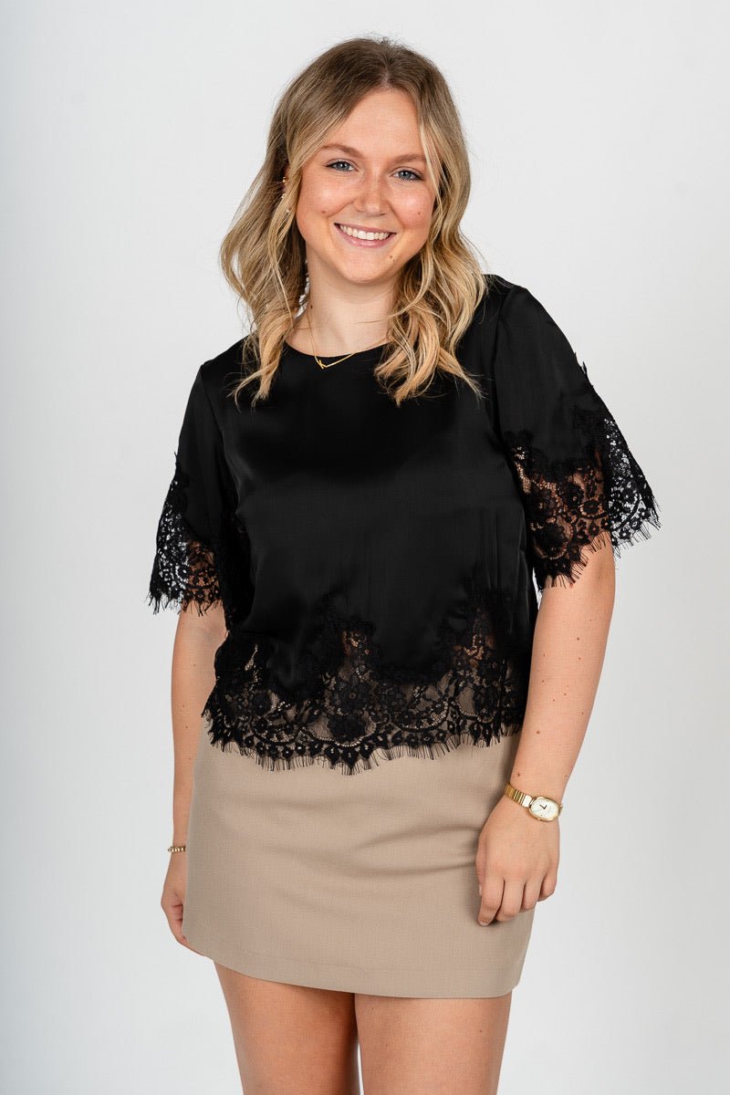 Short sleeve lace trim blouse black