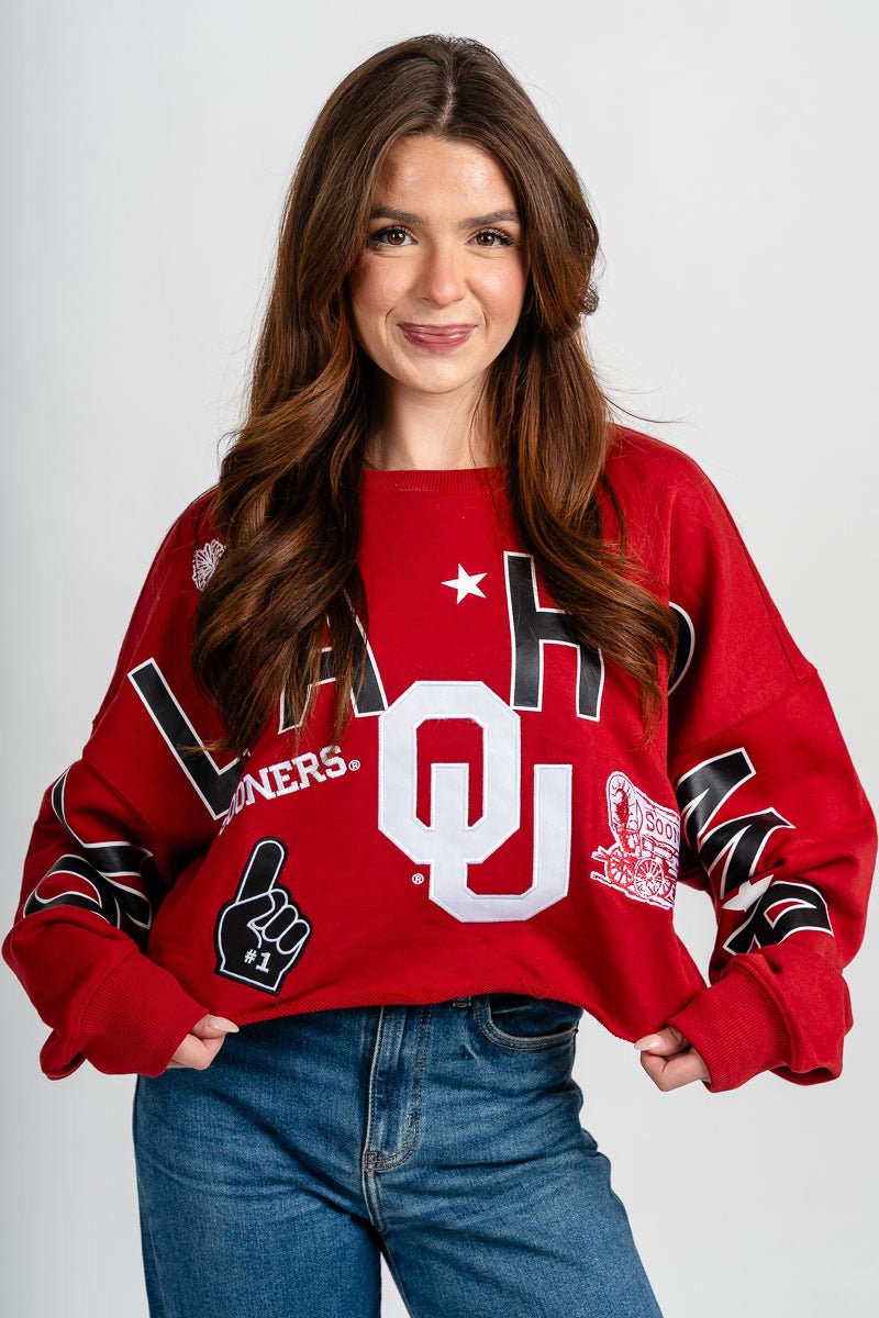 OU OU Sooners patched up crop sweatshirt crimson Sweatshirt | Lush Fashion Lounge Trendy Oklahoma University Sooners Apparel & Cute Gameday T-Shirts