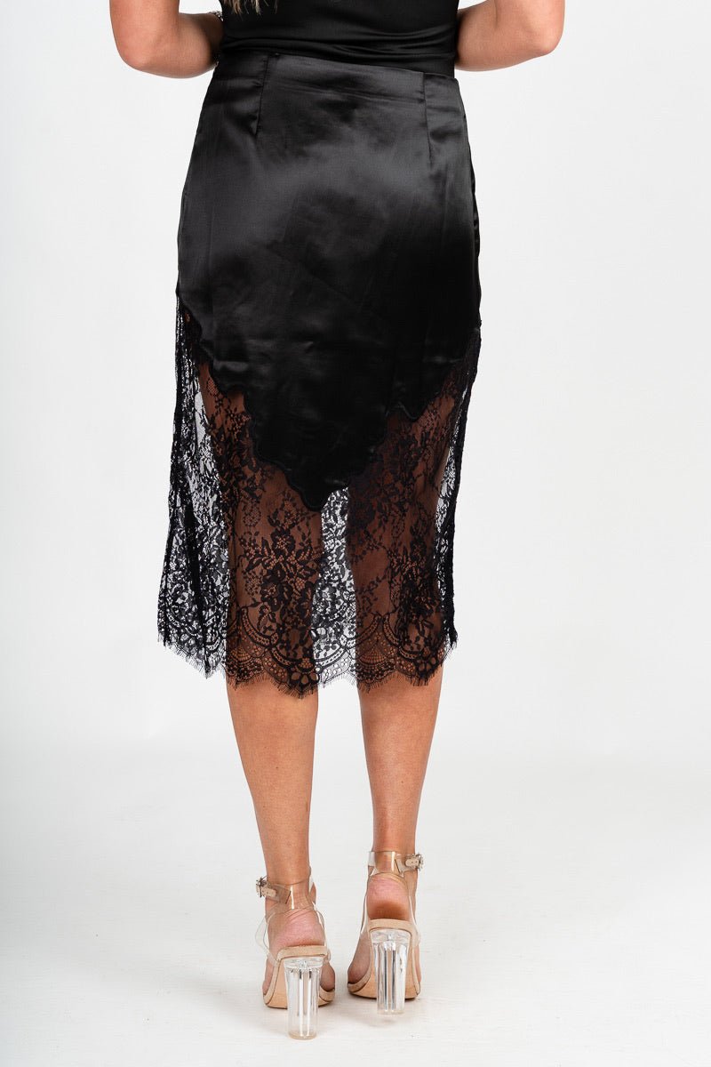 Lace trim midi skirt black