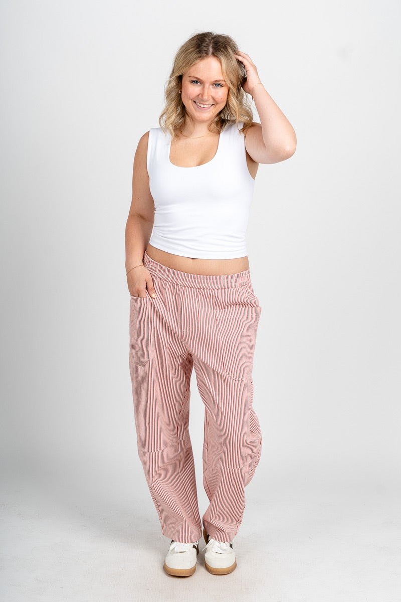 Striped barrel pants white/red | Lush Fashion Lounge: women's boutique pants, boutique women's pants, affordable boutique pants, women's fashion pants