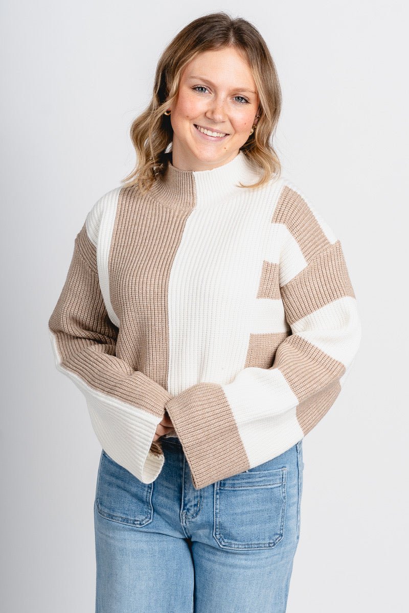 Color block sweater taupe/ivory – Boutique Sweaters | Fashionable Sweaters at Lush Fashion Lounge Boutique in Oklahoma City