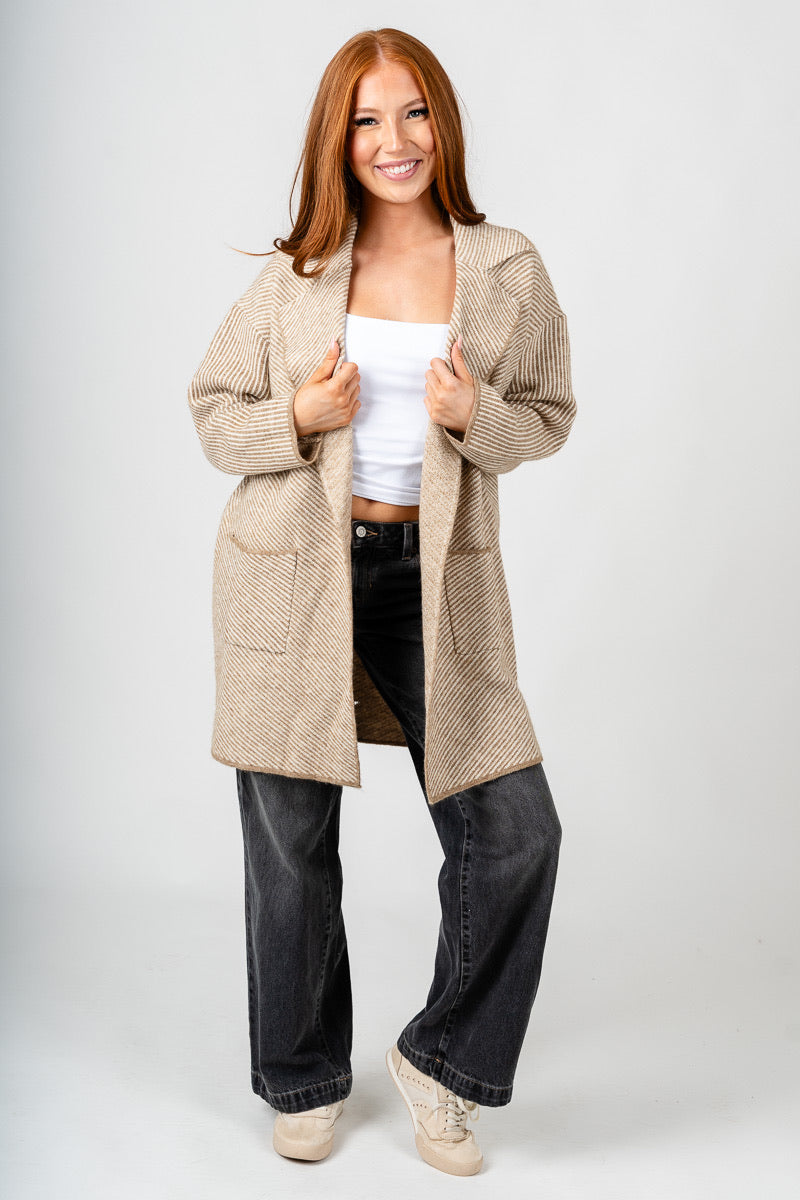 Striped open front cardigan cream/sand