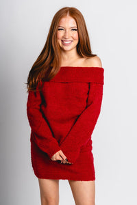 Off shoulder fuzzy sweater ruby red – Boutique Sweaters | Fashionable Sweaters at Lush Fashion Lounge Boutique in Oklahoma City