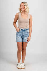 Lovervet high rise a-line distressed shorts righteous - Adorable Shorts - Stylish Vacation T-Shirts at Lush Fashion Lounge Boutique in Oklahoma City
