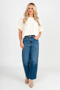 Cable knit short sleeve sweater cream - Trendy Sweaters | Cute Pullover Sweaters at Lush Fashion Lounge Boutique in Oklahoma City