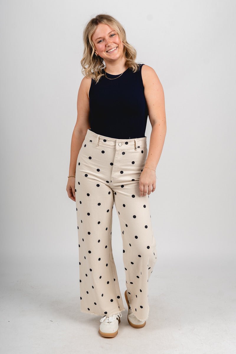 Polka dot jeans oatmeal/navy | Lush Fashion Lounge: boutique women's jeans, fashion jeans for women, affordable fashion jeans, cute boutique jeans