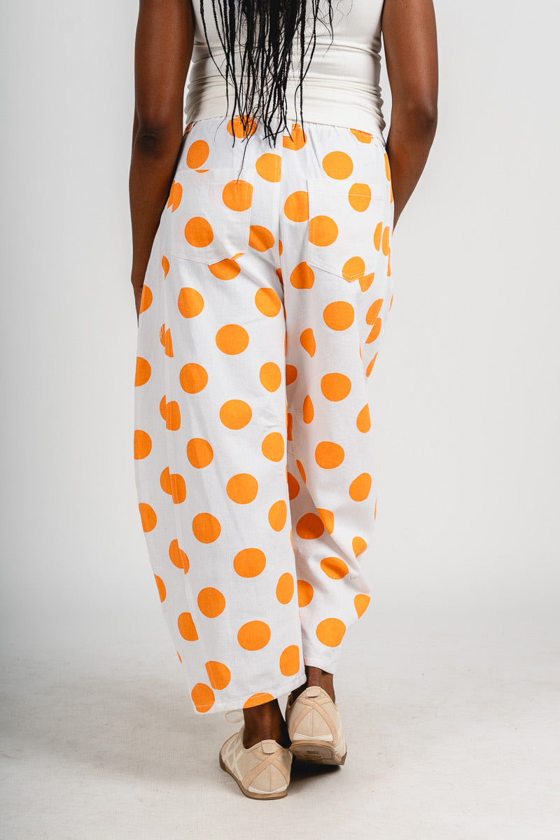 Polka dot barrel jeans white/orange | Lush Fashion Lounge: boutique women's jeans, fashion jeans for women, affordable fashion jeans, cute boutique jeans
