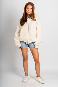 Happy Camper zip up hoodie cream - Stylish hoodie - Trendy Lounge Sets at Lush Fashion Lounge Boutique in Oklahoma City