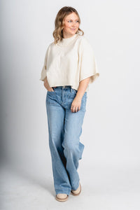 Mock neck short sleeve crop sweater ivory – Unique Sweaters | Lounging Sweaters and Womens Fashion Sweaters at Lush Fashion Lounge Boutique in Oklahoma City