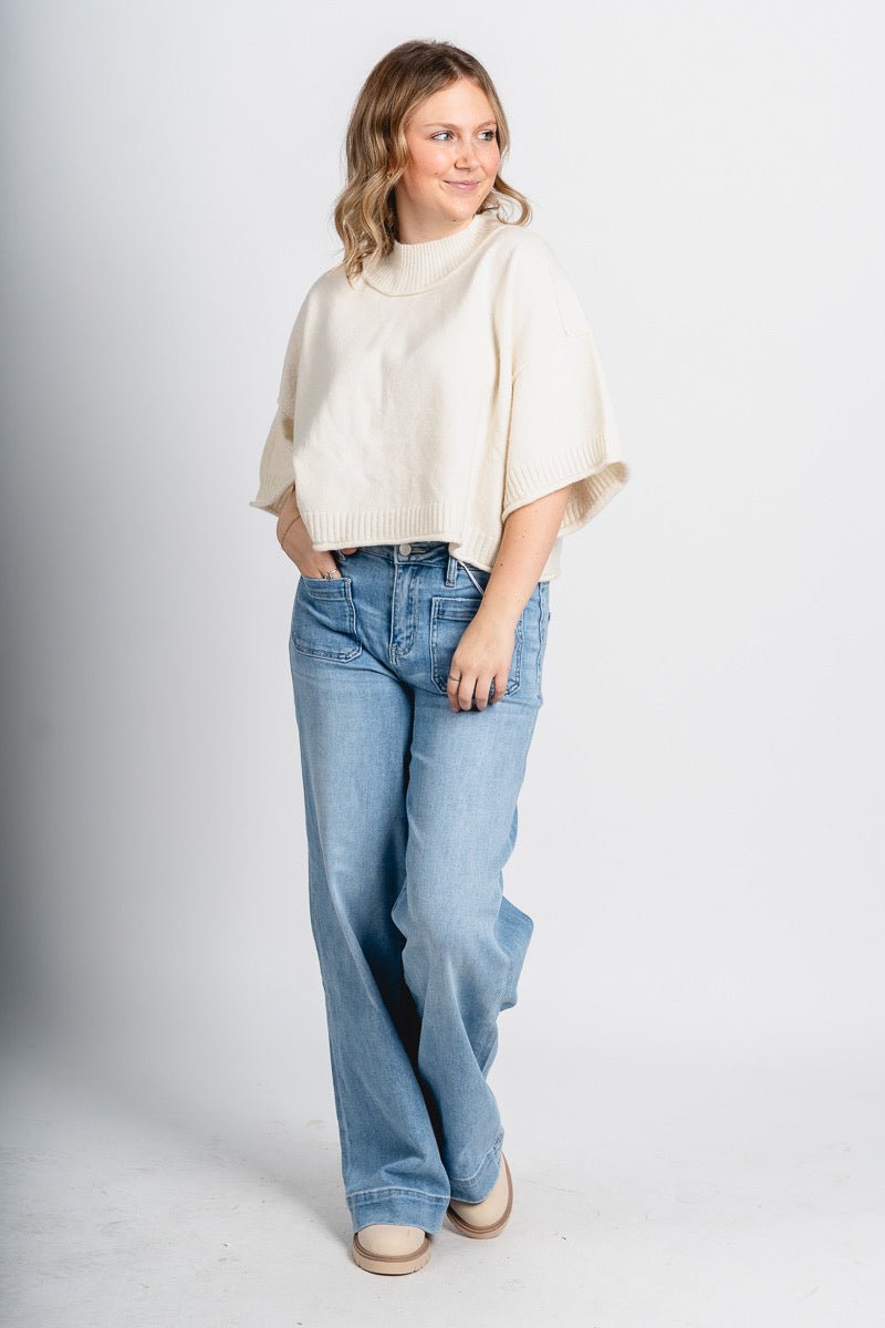 Mock neck short sleeve crop sweater ivory – Unique Sweaters | Lounging Sweaters and Womens Fashion Sweaters at Lush Fashion Lounge Boutique in Oklahoma City