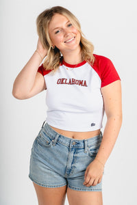 OU OU Sooners home run baby tee cardinal/white T-shirt | Lush Fashion Lounge Trendy Oklahoma University Sooners Apparel & Cute Gameday T-Shirts