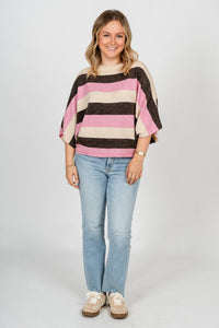 Striped dolman sweater coffee/pink - Trendy Sweaters | Cute Pullover Sweaters at Lush Fashion Lounge Boutique in Oklahoma City