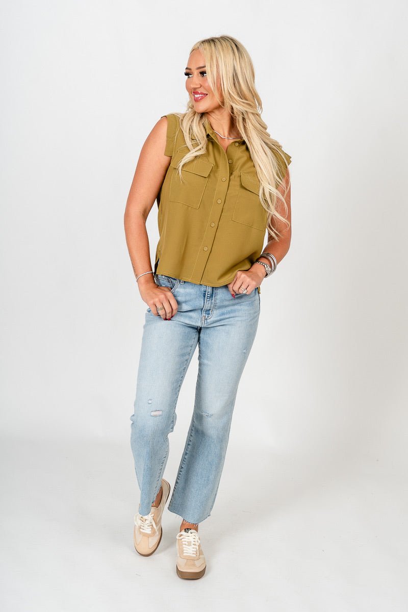 Sleeveless chiffon pocket blouse lemon grass