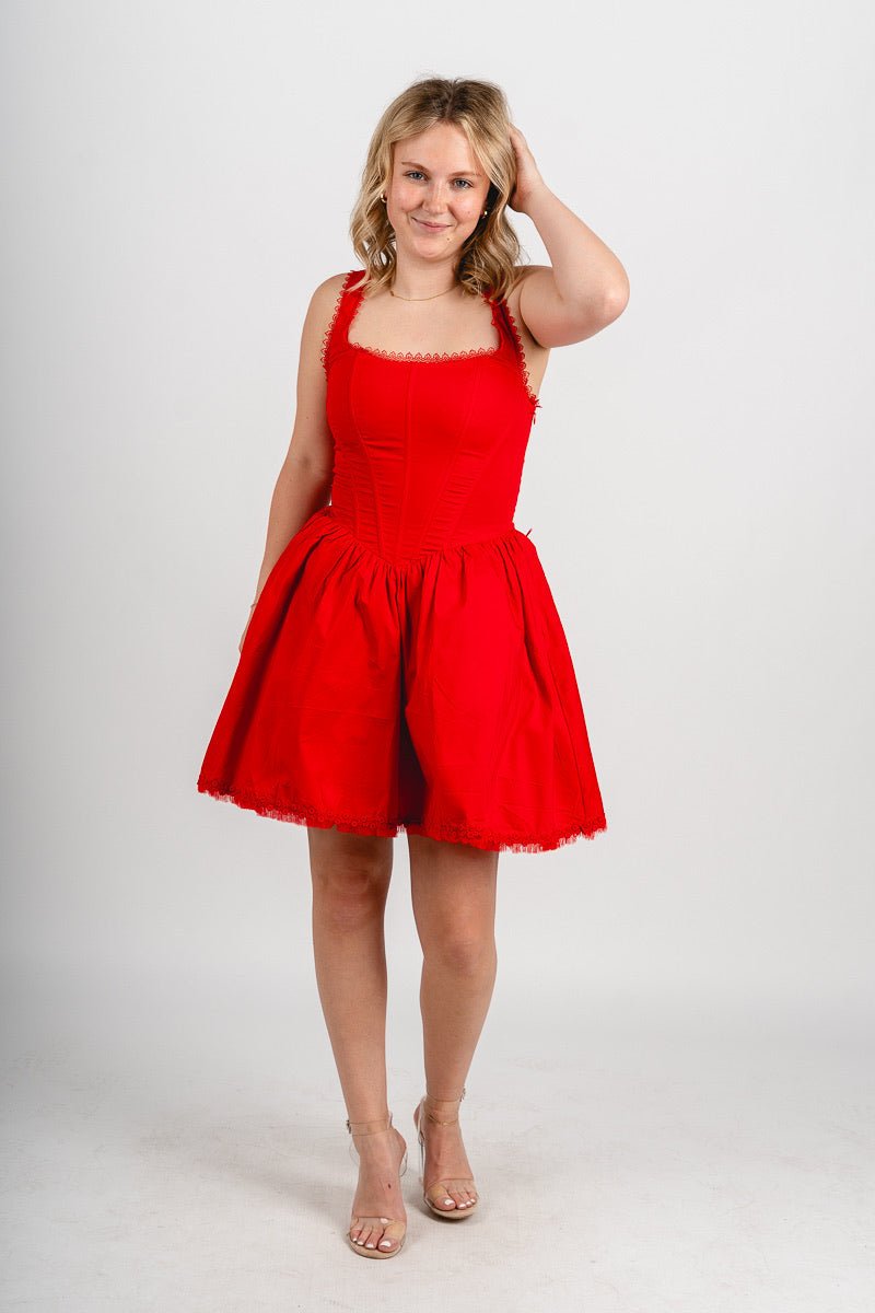 Corset flare mini dress red - Trendy dress - Fashion Dresses at Lush Fashion Lounge Boutique in Oklahoma City