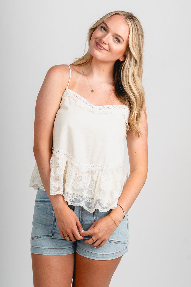 Lace trim flare tank top pearled ivory