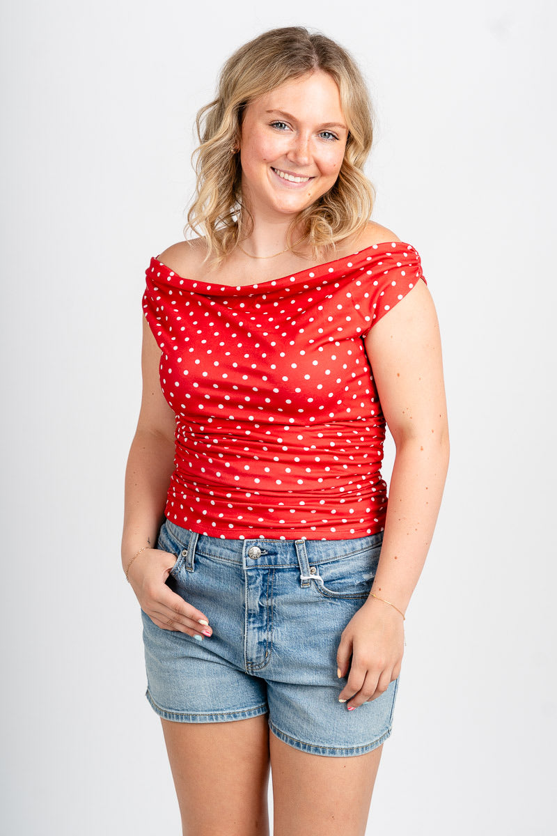 Cowl neck polka dot top red/white