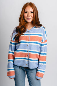 Striped sweater cardigan light blue - Cute Cardigan - Trendy Cardigans & Stylish Kimonos at Lush Fashion Lounge Boutique in Oklahoma City
